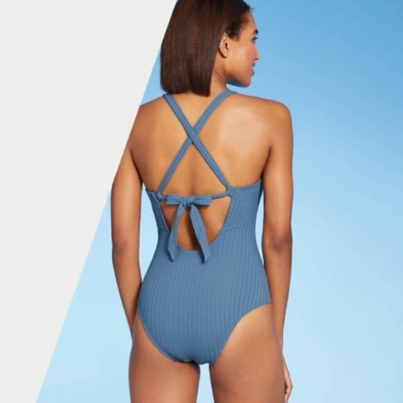 Kona Sol Blue Textured Stripe Ring Front Tie Back One Piece Bathing Suit - Picture 2 of 16